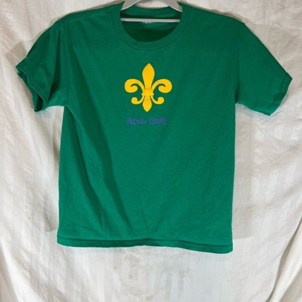 Kids Mardi Gras Fleur De Lis Graphic T-Shirt Green Yellow Purple Short Sleeve